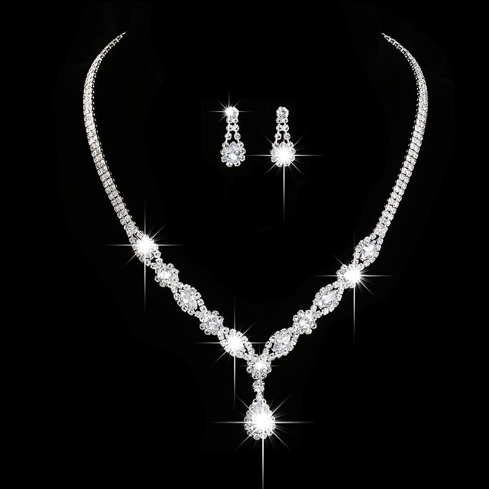 Elegant Zircon Wedding Jewelry Set - Silvery Necklace and Earrings