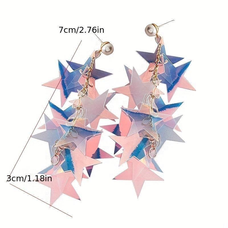 Pentagram Sequins Chain With Faux Pearl Decor Dangle Earrings Alloy Jewelry Creative Female Gift