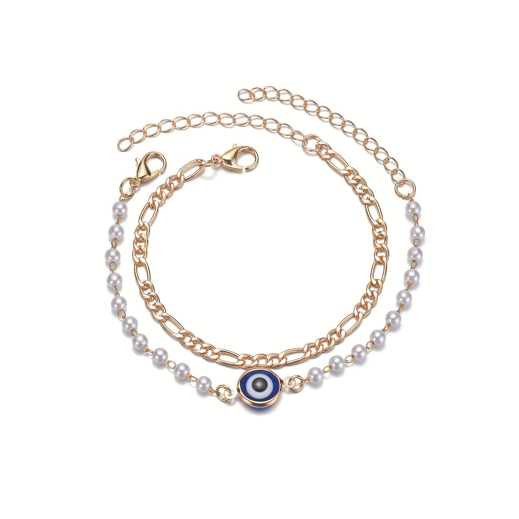 2pcs Devil's Eye Alloy Double Layer Faux Pearl Bracelet For Women Girls Gift