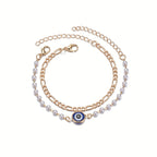 2pcs Devil's Eye Alloy Double Layer Faux Pearl Bracelet For Women Girls Gift