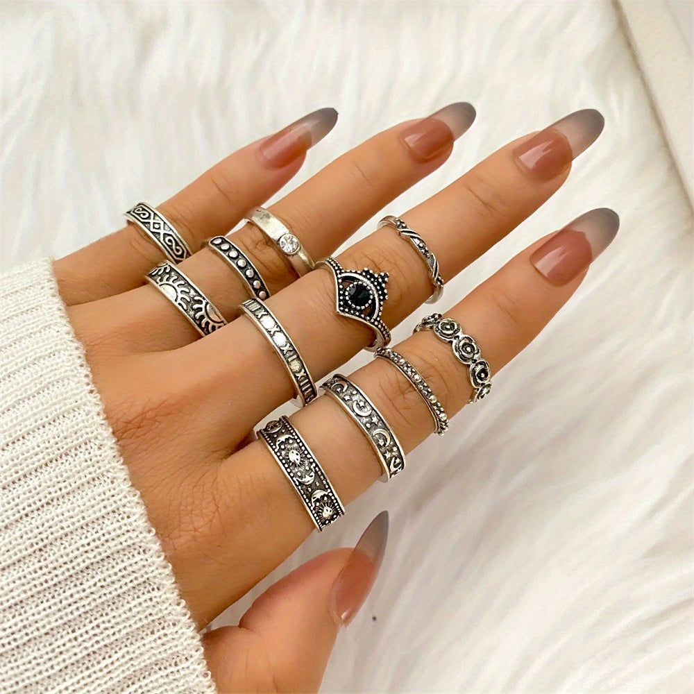Boho Style Ring Set Trendy Crown Braid Sun Patterns Oil Dripping Craft Mix And Match For Daily Outfits Perfect Decor For Cool Girls
