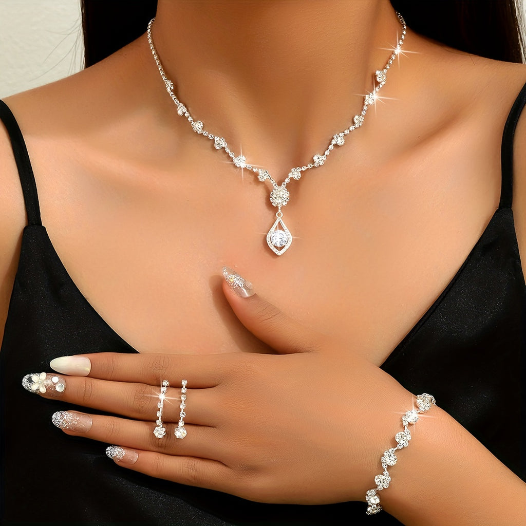 4pcs Earrings Necklace Plus Bracelet Elegant Jewelry Set Silver Plated Inlaid Rhinestone Dainty Engagement Wedding Jewelry For Brides Evening Party Decor