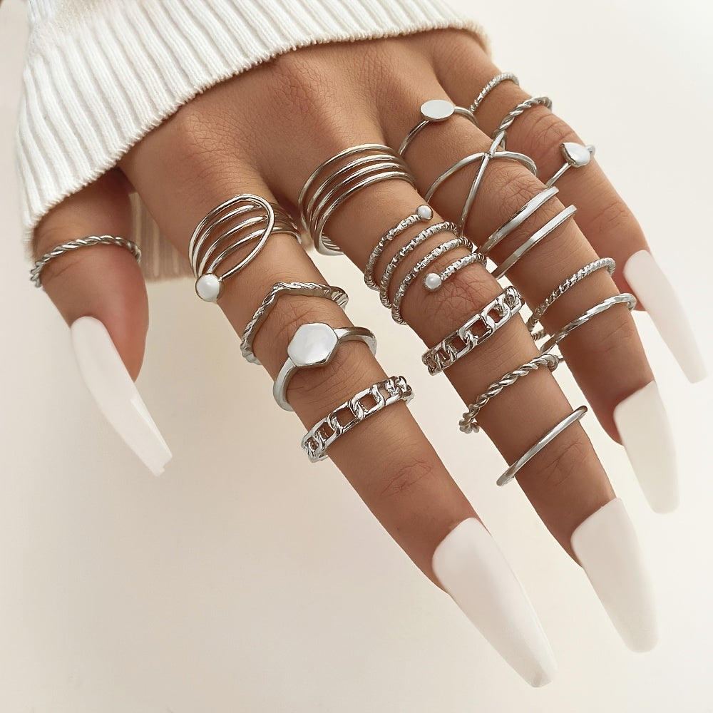 18pcs Golden Silvery Geometric Spiral Cross Women's Joint Ring Set