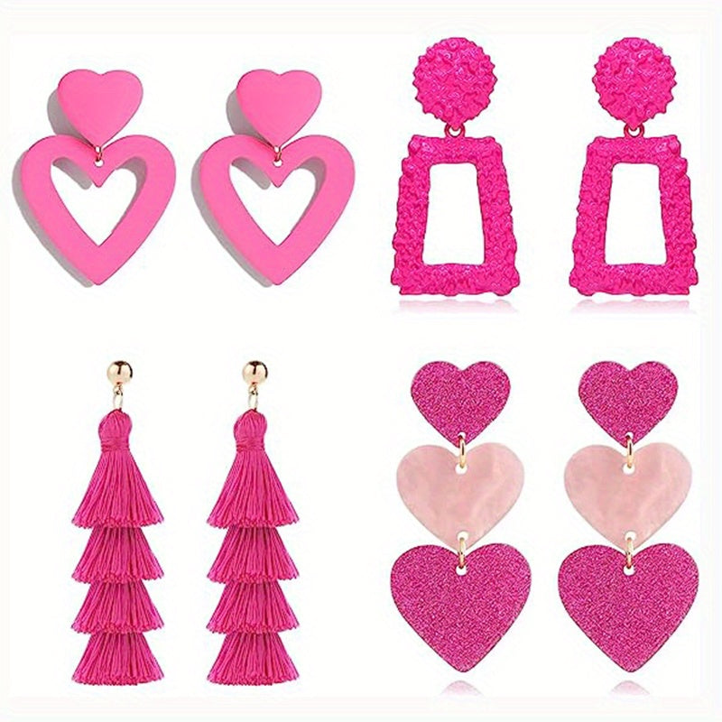 4 Pairs Heart Tassel Geometric Shape Dangle Earrings Set Vocation Elegant Style Zinc Alloy Jewelry Trendy Female Gift