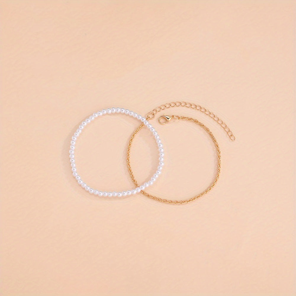 Vintage Adjustable Bracelet Set Faux Pearls Beads Sweet Hand Jewelry Set 2 Pcs Bracelet For Women