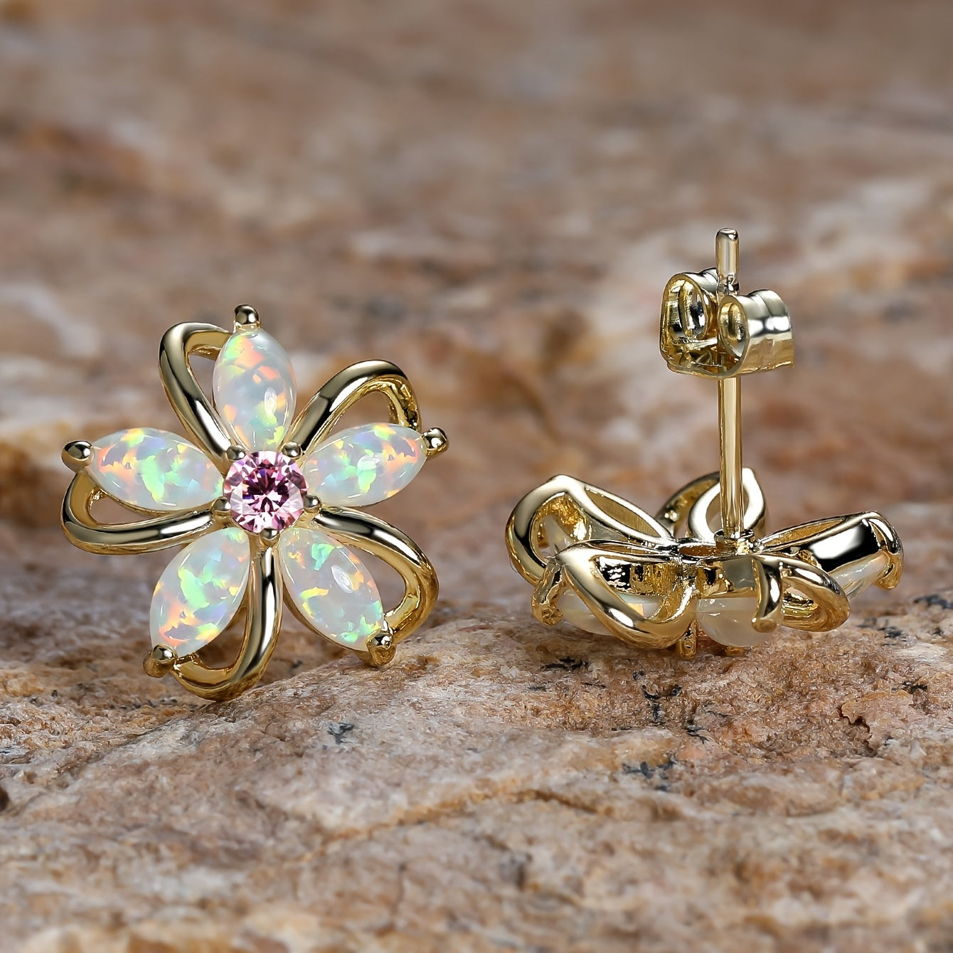 Flower Stud Earrings Inlaid Synthetic White Opal 18K Gold Plated Holiday Party Decor For Women Girls Gift 1Pair