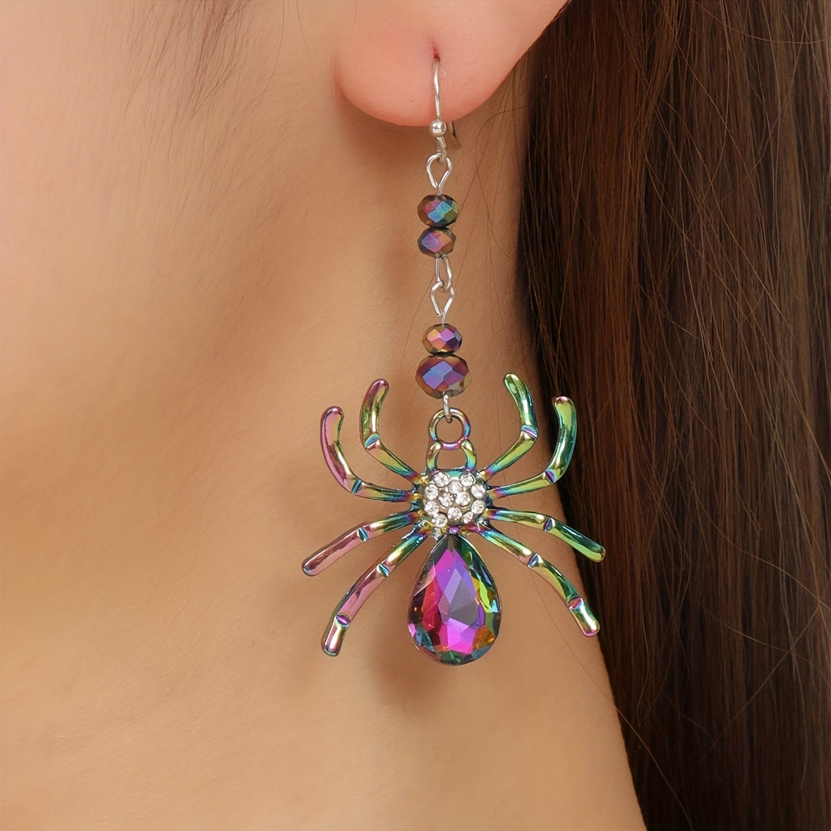 Halloween Colorful Rhinestone Spider Design Dangle Earrings Cute Vocation Style Zinc Alloy Jewelry Female Gift