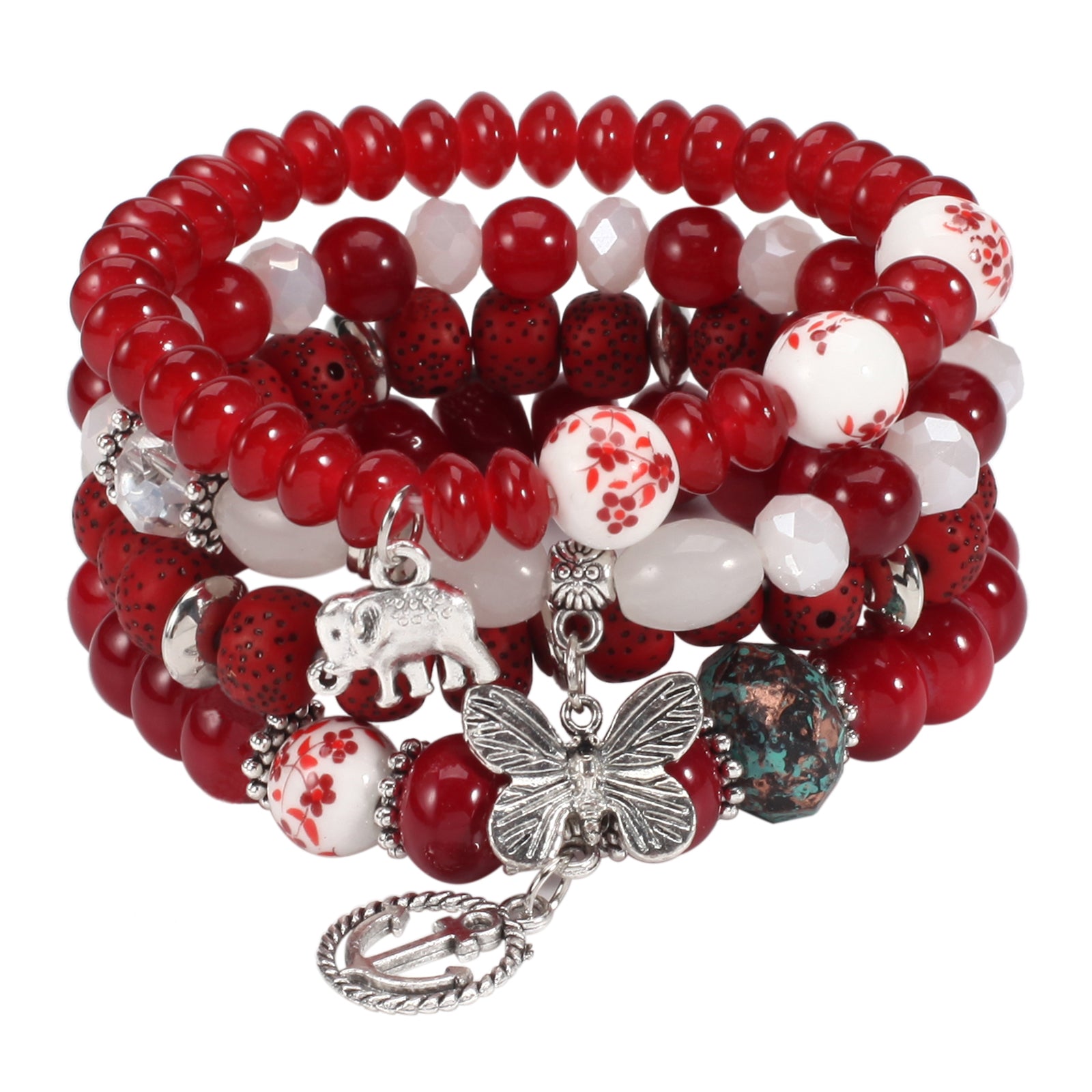 Bohemian Layered Beaded Bracelet with Elephant, Anchor, and Butterfly Pendants