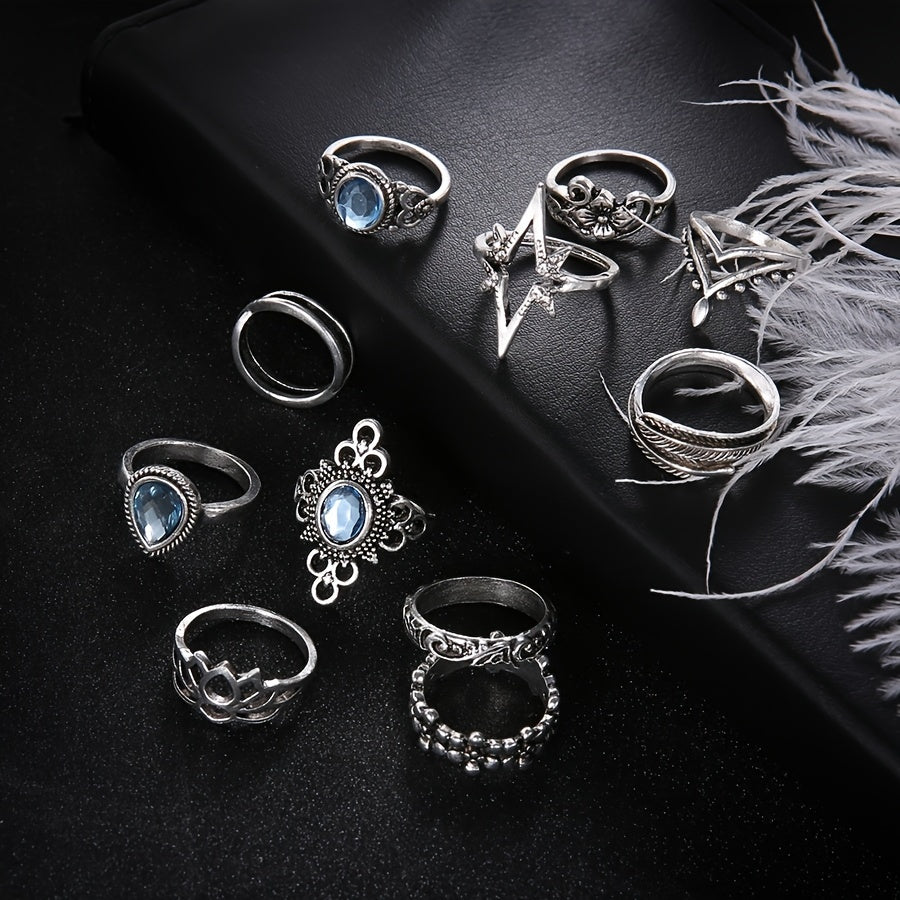 Complete Your Boho Look with our Vintage Carved Starry Gemstone 11pcs Combo Set Rings for Women and Girls - Available in Different Sizes!