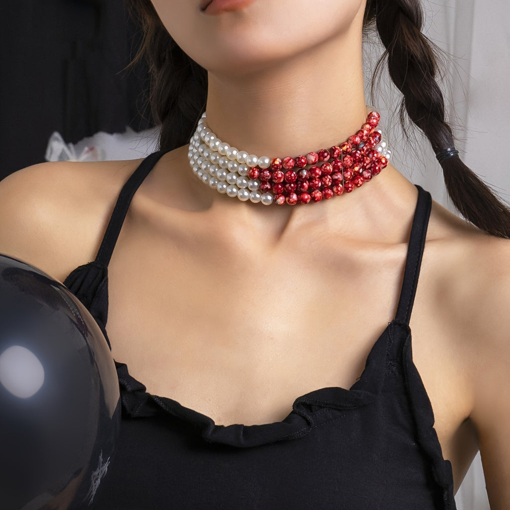 Street Necklace Sweet Cool Gothic Blood Drop Choker Necklace Multi Color Pearl Beaded Charm Layered Necklace 1pc