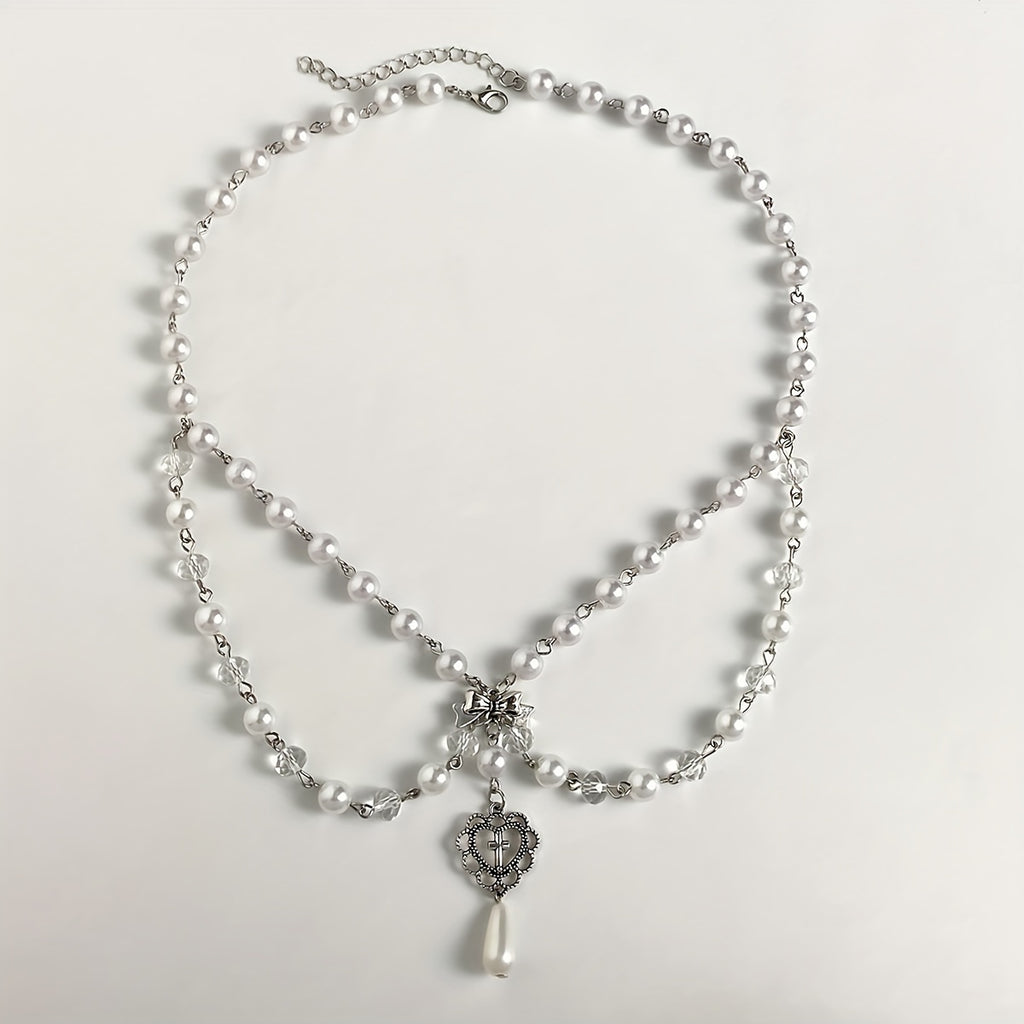 Hollow Out Bow Design Necklace Y2K Faux Pearl Necklace Vintage Tassel Multilayer Necklace For Women Girls
