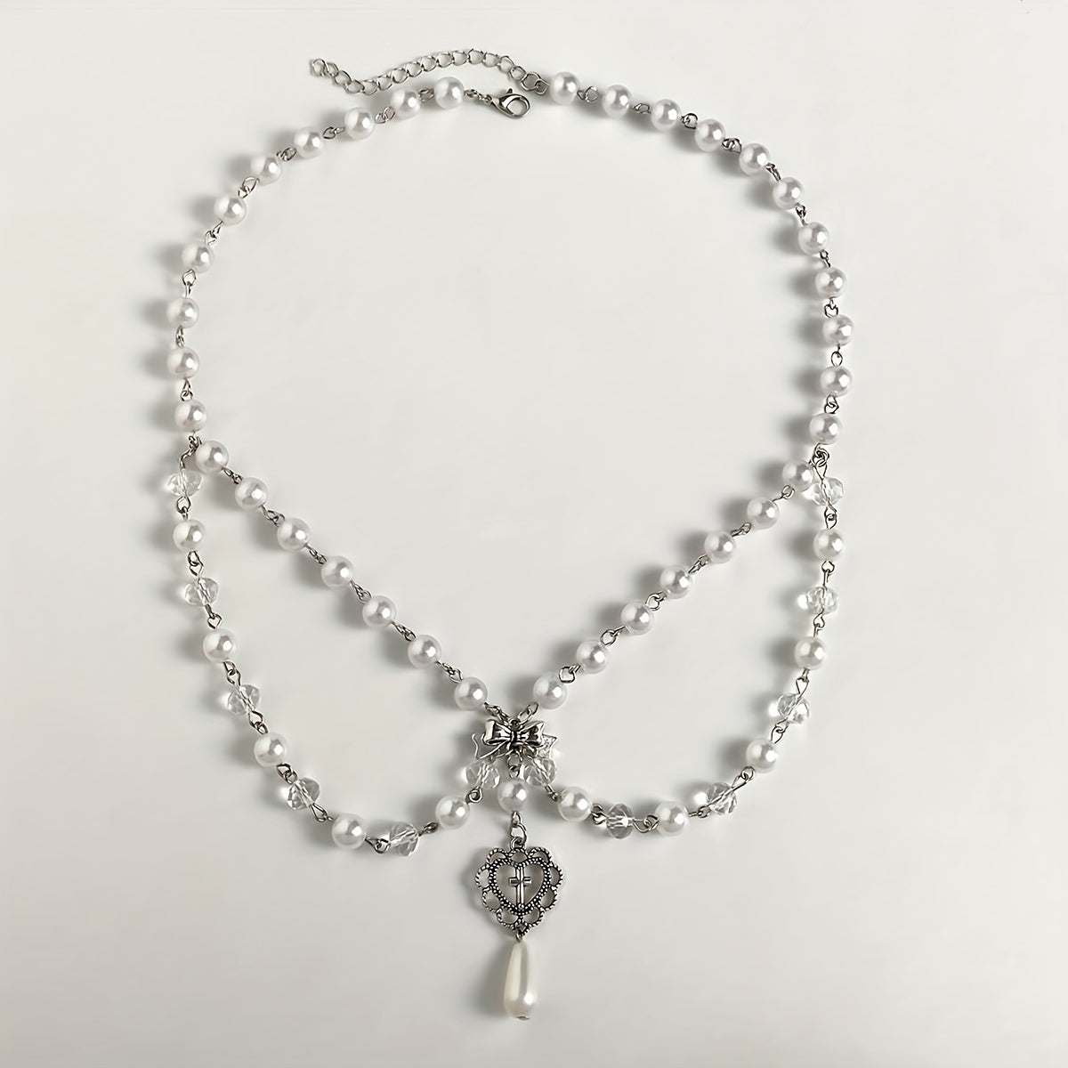 Hollow Out Bow Design Necklace Y2K Faux Pearl Necklace Vintage Tassel Multilayer Necklace For Women Girls