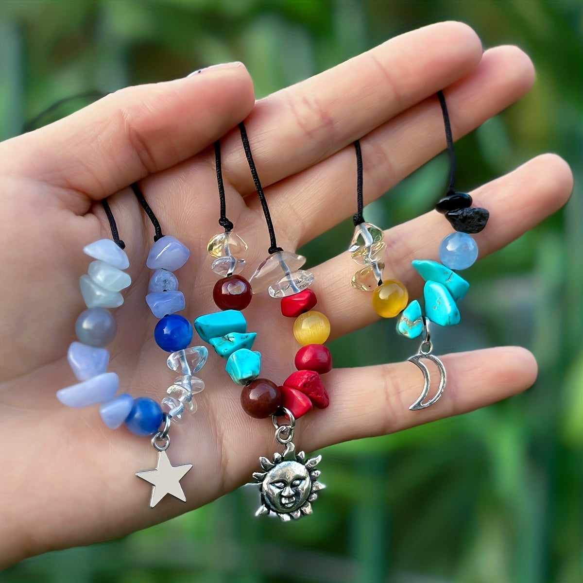 Irregular Colored Turquoise Beaded Star Moon Pendant Adjustable Vintage Style Necklace