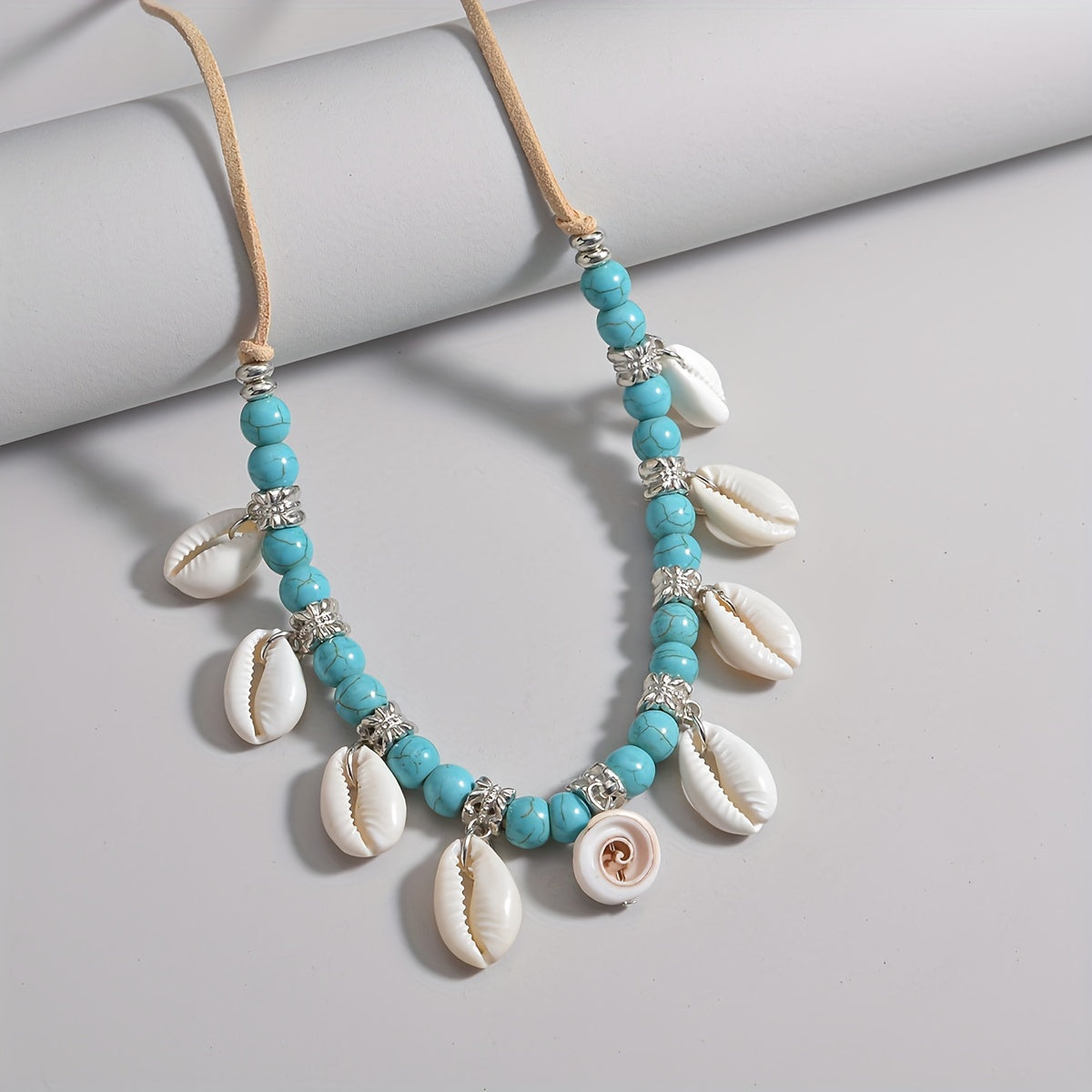 Bohemian Natural Shell Tassel Turquoise Beads Velvet Rope Women's Necklace