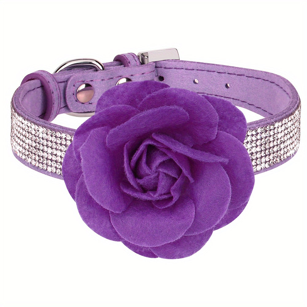 Sparkly Rhinestone Dog Collar With Flower, Soft Microfiber Cat Puppy Dog Collars Necklace For Small Medium Dogs