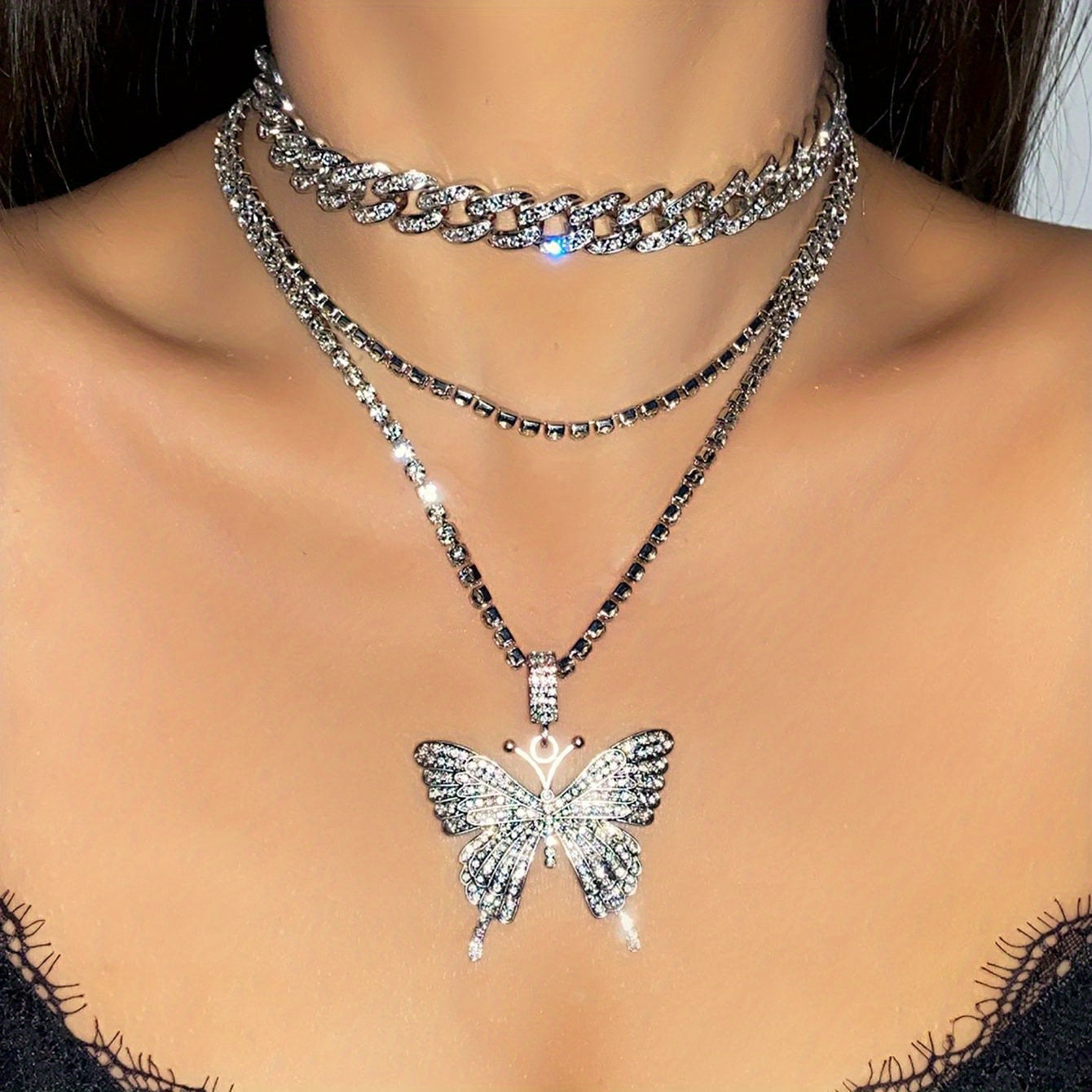 Gorgeous 3-Piece Vintage Butterfly Rhinestone Necklace Set - Adjustable Cuban Chain Chain