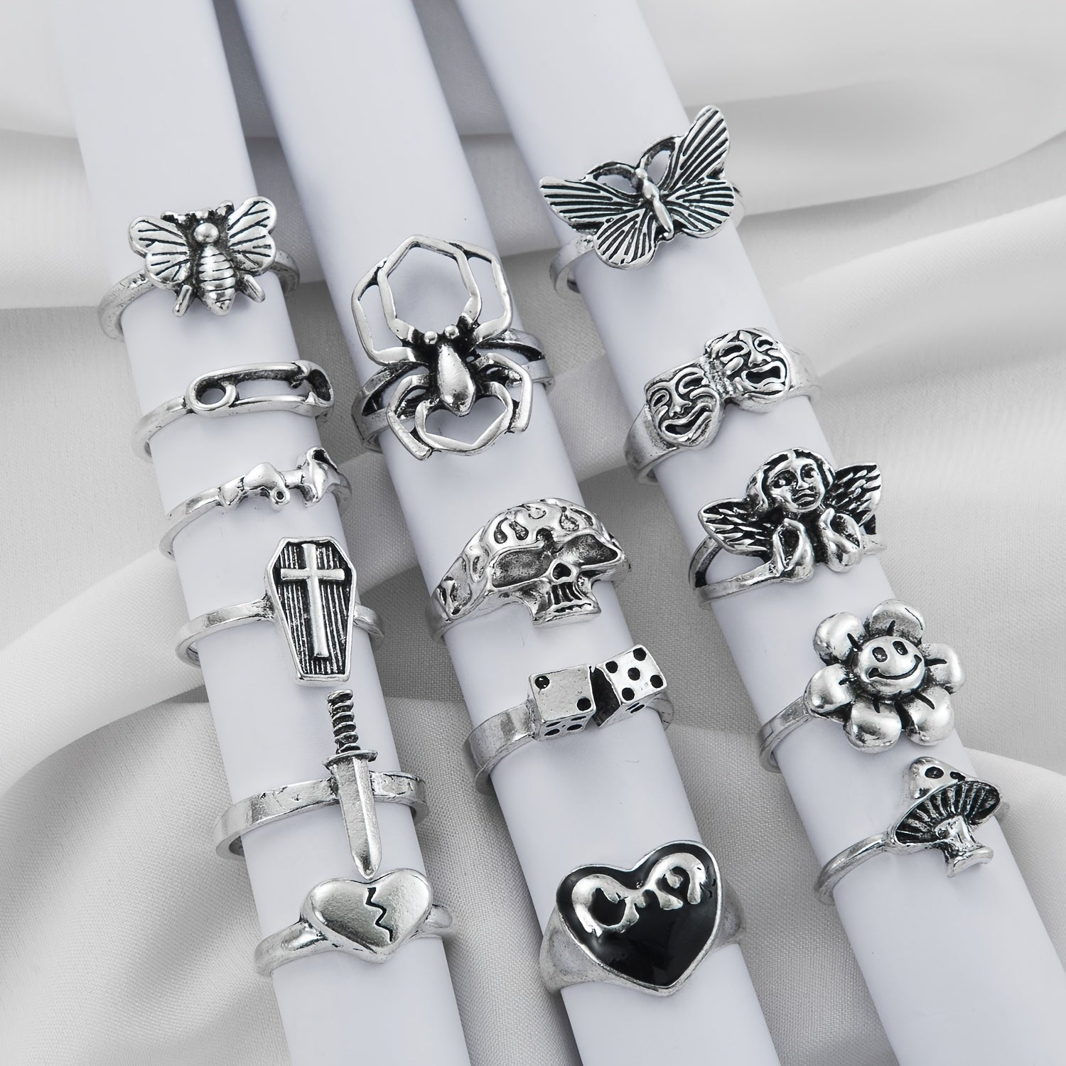Complete Your Vintage Look with 15pcs of Silver Plated Heart Shaped Flower Skull Butterfly Spider Stacking Rings in Assorted Sizes