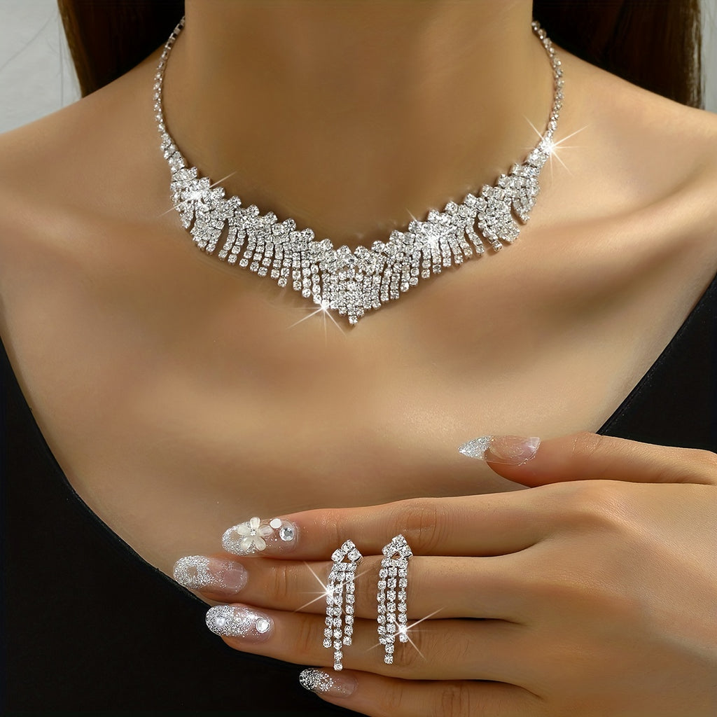 3pcs Earrings Plus Necklace Elegant Jewelry Set Silver Plated Inlaid Rhinestone Match Evening Party Cocktail Party Outfits Dainty Chrismas Decor