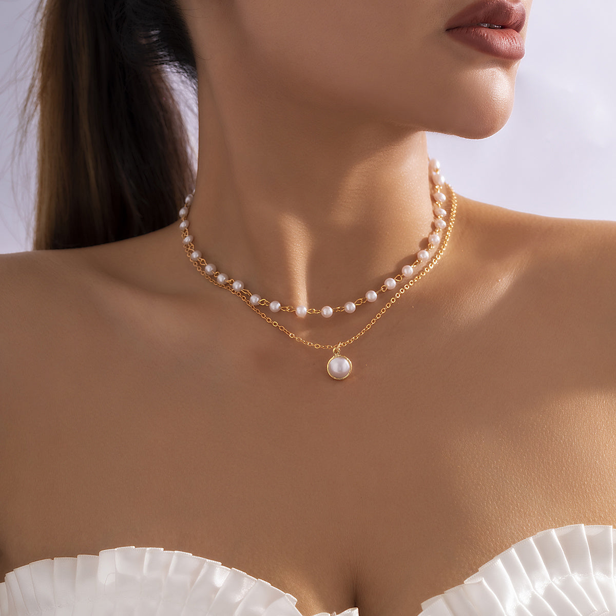 Elevate Your Style with our 2-Piece Temperament Necklace Set - Large Faux Pearls, Stackable Neck Chain, and Detachable Design for Women and Girls