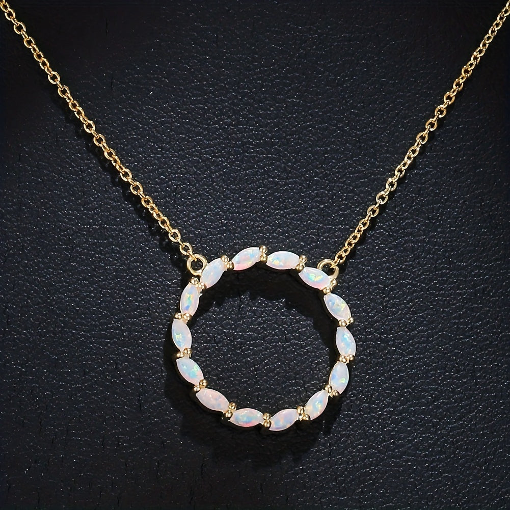 18K Gold Plated Hollow Circle With Opal Pendant Necklace, Simple Minimalist Style Neck Decoration For Girls
