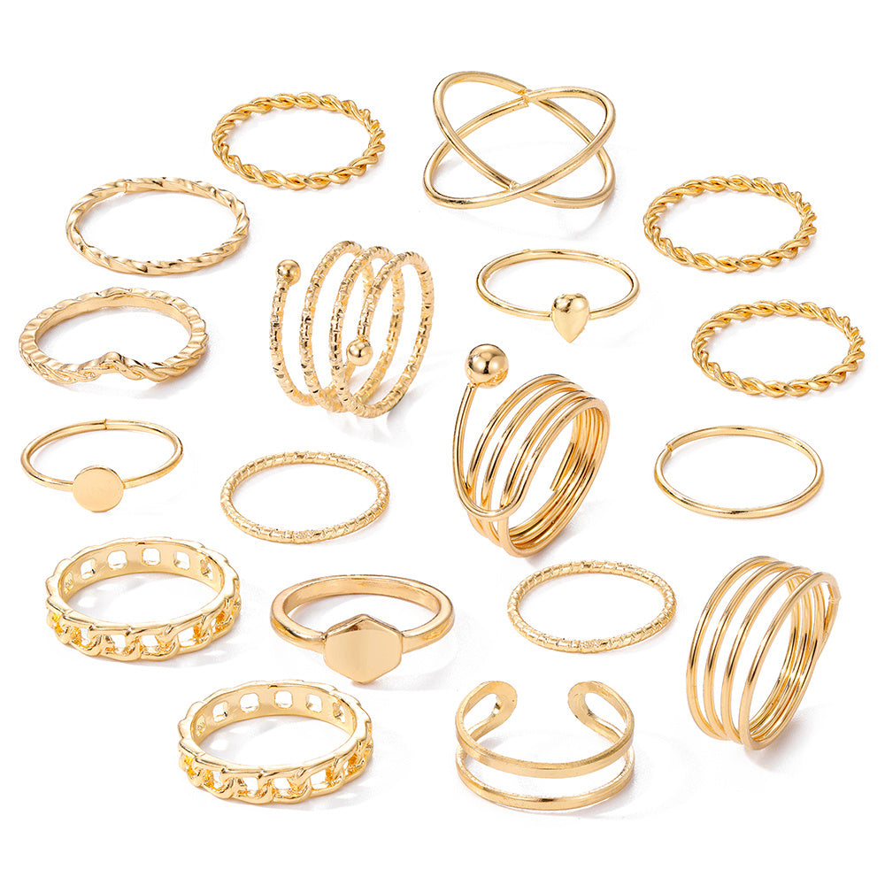 18pcs Golden Silvery Geometric Spiral Cross Women's Joint Ring Set