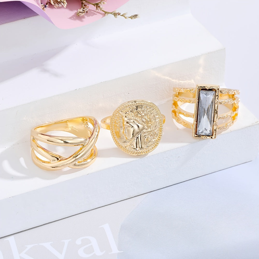 3pcs Vintage Style Personality Golden Man Head Cross Ring Set Women's Jewelry Nice Gift