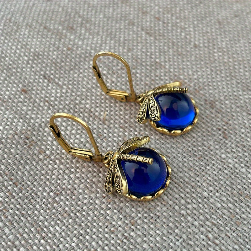 Vintage Metal Dragonfly Earrings with Inky Blue Moonstone and Brass Glass Cabochon