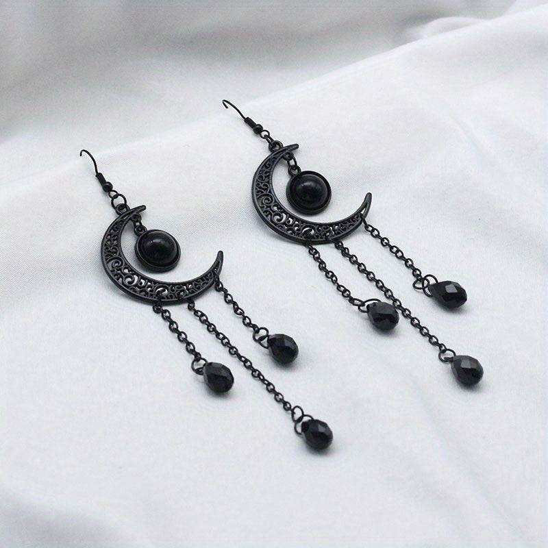 Halloween Ear Jewelry Carved Golden Moon Chain Tassel Design Dangle Earrings Goth Style Female Gift