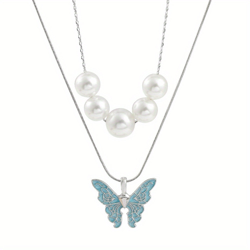 Faux Pearl & Butterfly Charm Layered Necklace For Girls Decorative Accessories Holiday Birthday Graduation Anniversary Party Gift For Girls
