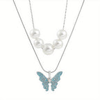 Faux Pearl & Butterfly Charm Layered Necklace For Girls Decorative Accessories Holiday Birthday Graduation Anniversary Party Gift For Girls