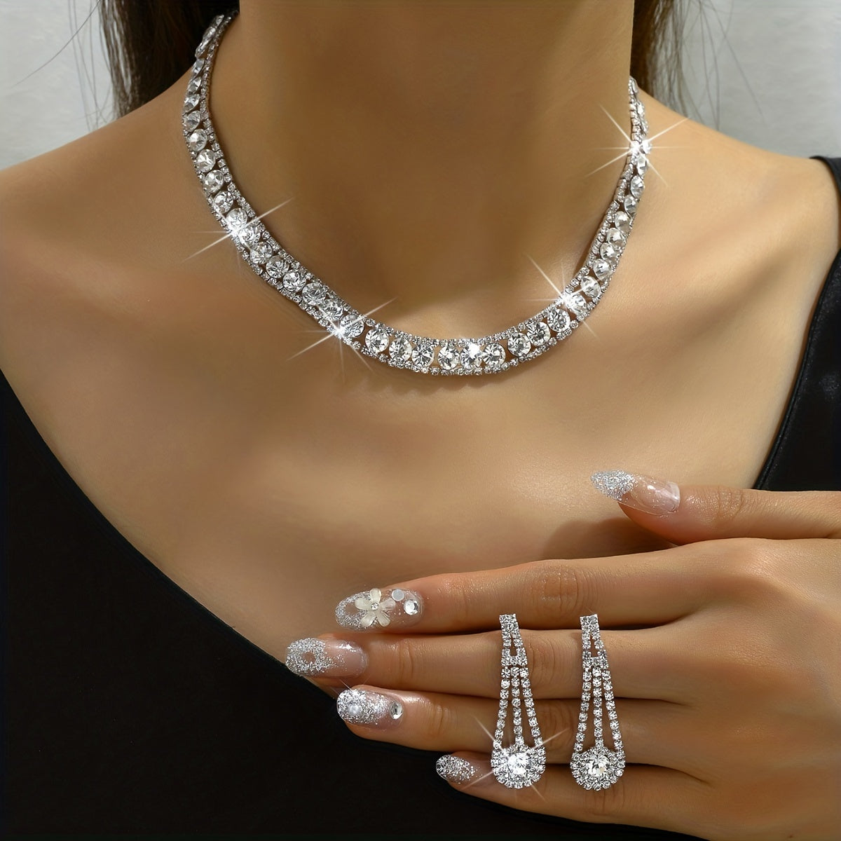 3pcs Elegant Silver Plated Rhinestone Jewelry Set for Weddings and Parties