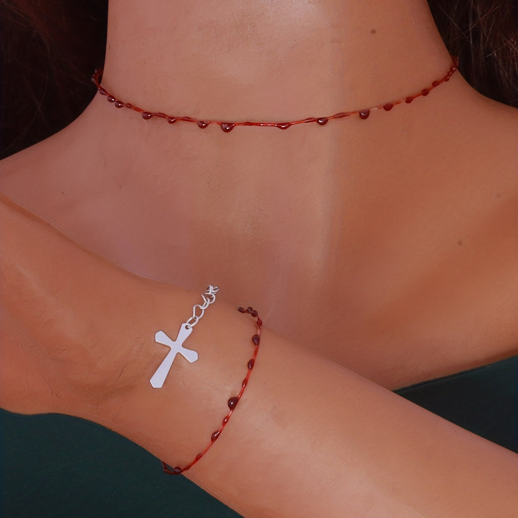 2pcs Necklace Plus Bracelet Gothic Style Jewelry Set Trendy Cross Pendant Blood Drop Design Match Daily Outfits Perfect Halloween Decor