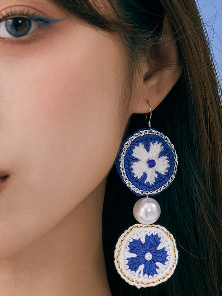 LB Hand Crochet "Piece Flower" Earrings Long Ear Clip LOJL101