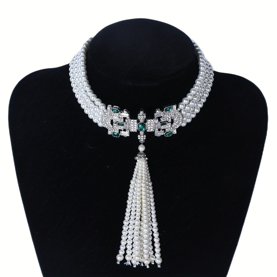 Women's Faux Pearl Chain Tassel Necklace Inlaid Green Crystal Wedding Party Clothing Accessories