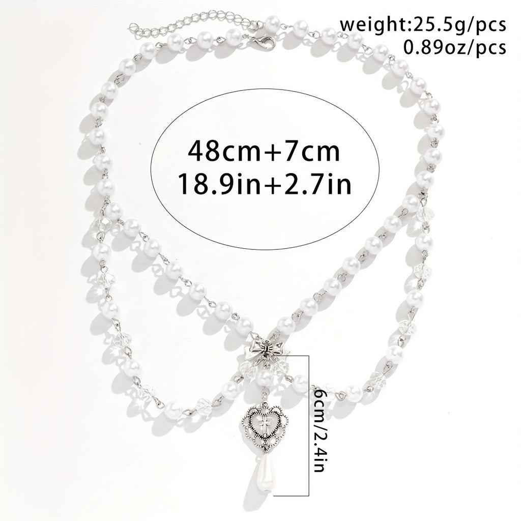 Hollow Out Bow Design Necklace Y2K Faux Pearl Necklace Vintage Tassel Multilayer Necklace For Women Girls