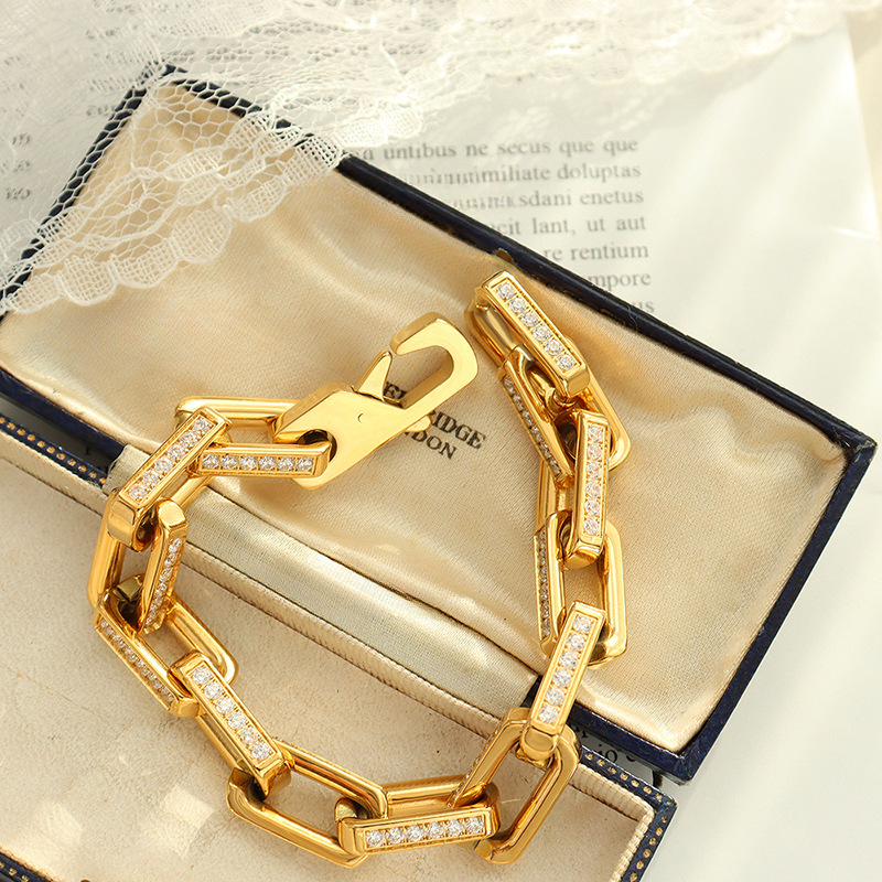 Zircon inlaid titanium steel gold plated thick chain bracelet