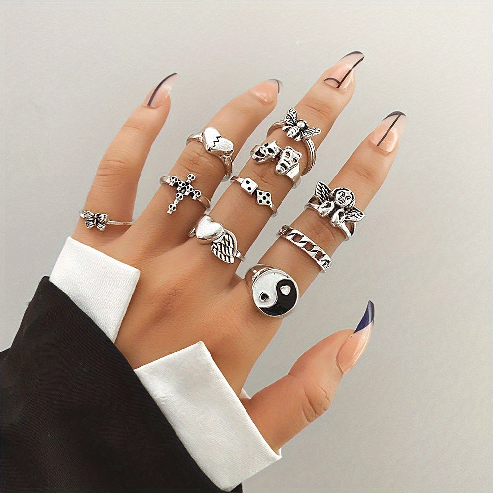 Boho Silvery Ring Set Breaking Heat Devil Face Angel Pattern Daily Decor Gift Party Accessaries