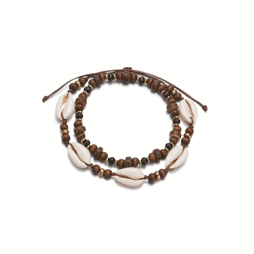 Complete Your Boho Beach Look with our Shell and Wooden Beaded Ladies Anklet Set