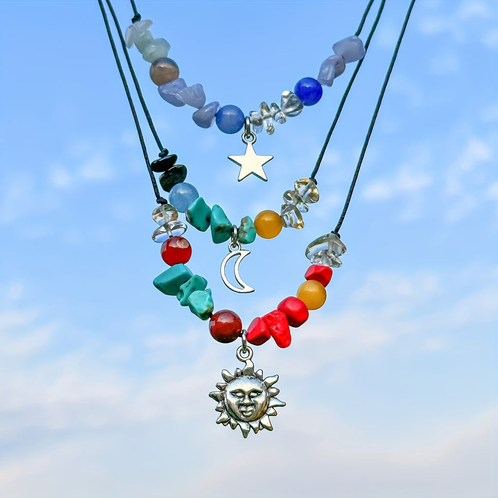 Irregular Colored Turquoise Beaded Star Moon Pendant Adjustable Vintage Style Necklace