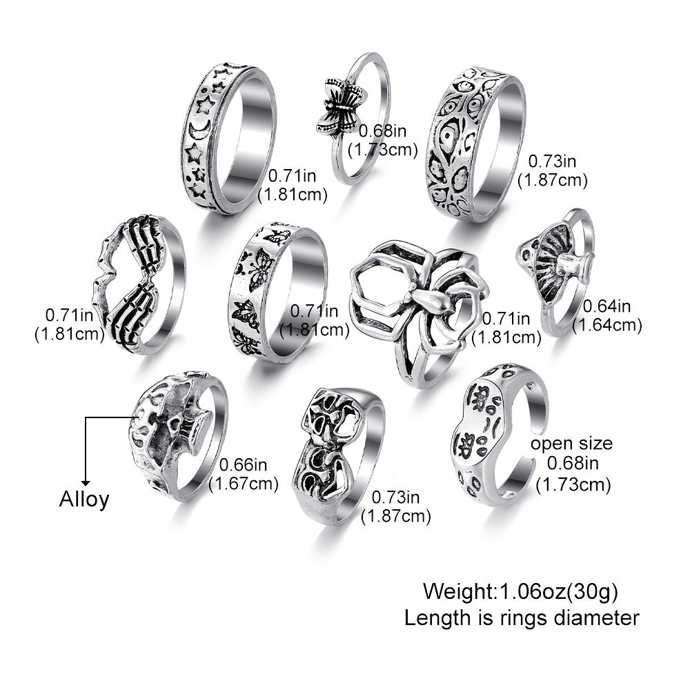 Make a Statement with our Vintage Silver Color Spider Butterfly Skull Ring Set - 10pcs for Women and Girls