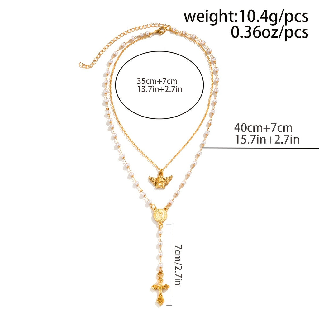 Vintage Angel Geometric Round Charm Necklace - 100% Natural Pearls & Y Criss Cross Fringe - Perfect for Halter Blouses!