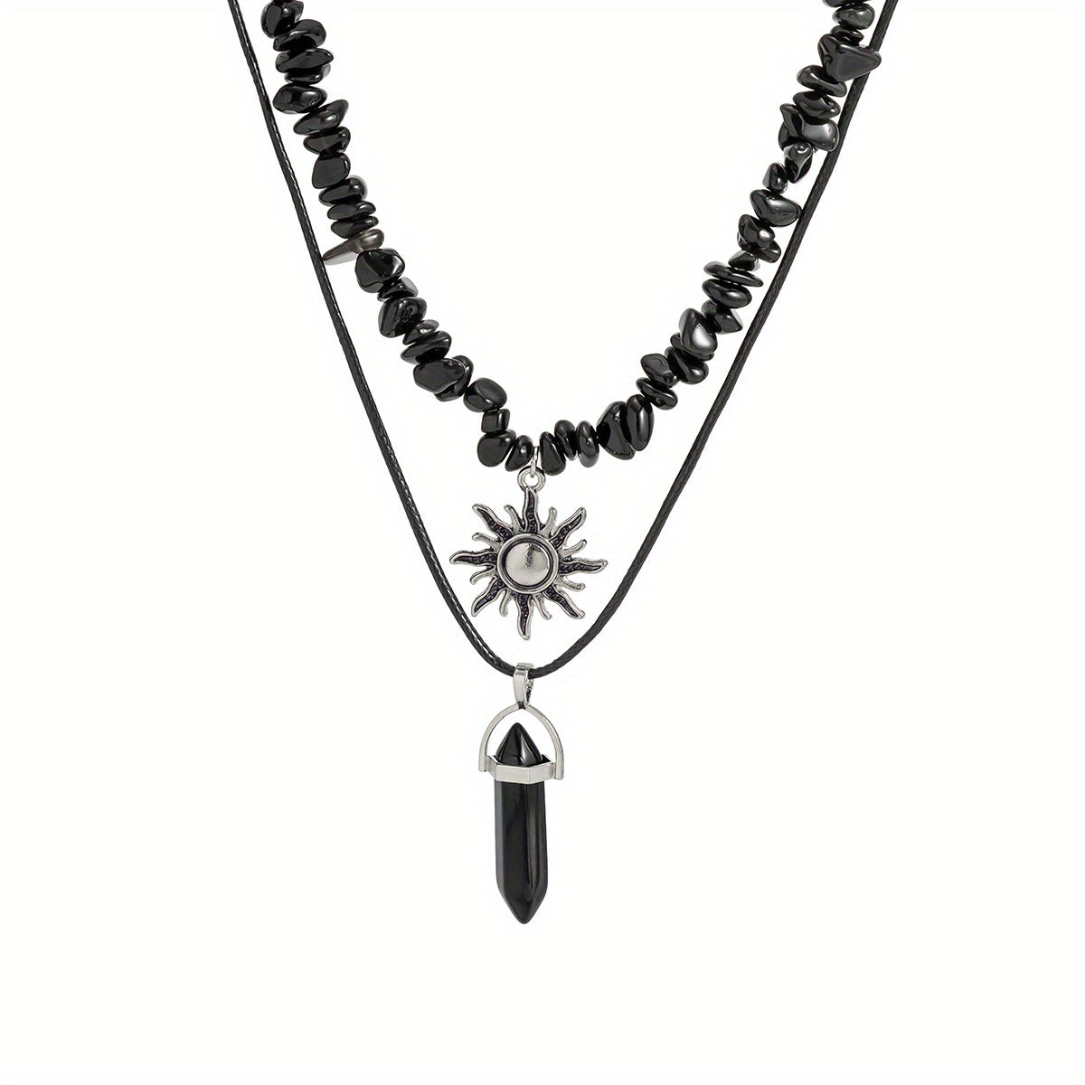 Wax Thread Crystal Pendant Stone Beads Retro Style Sun Multi-layer Necklace Set For Women Girls Gift
