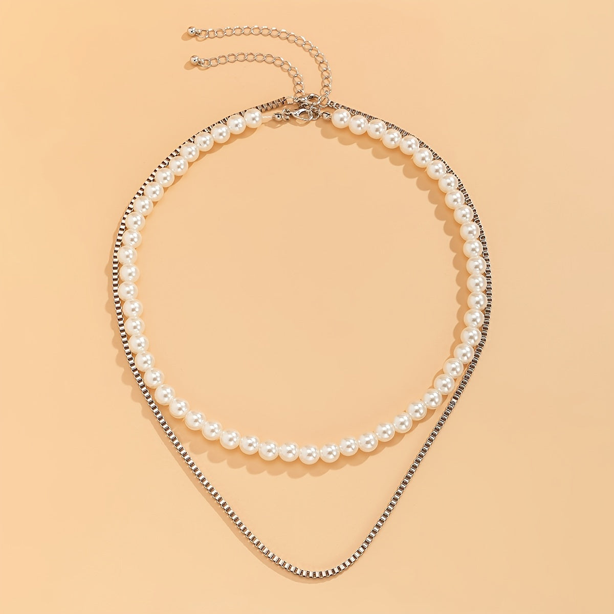 Get Trendy with our 2pcs/Set Hip Hop Geometric Box Chain Stacked Pearl Necklace Set