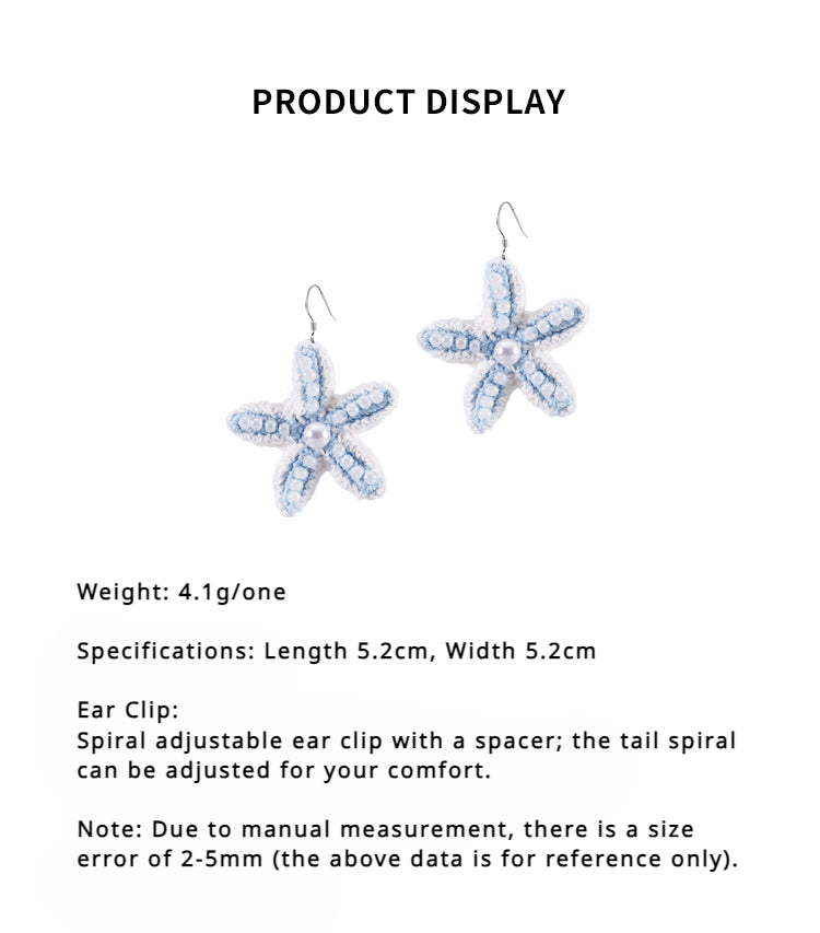 LB Hand Crochet "Starfish" Earrings Pearl Seaside Ear Clip LOJL90