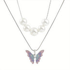Faux Pearl & Butterfly Charm Layered Necklace For Girls Decorative Accessories Holiday Birthday Graduation Anniversary Party Gift For Girls