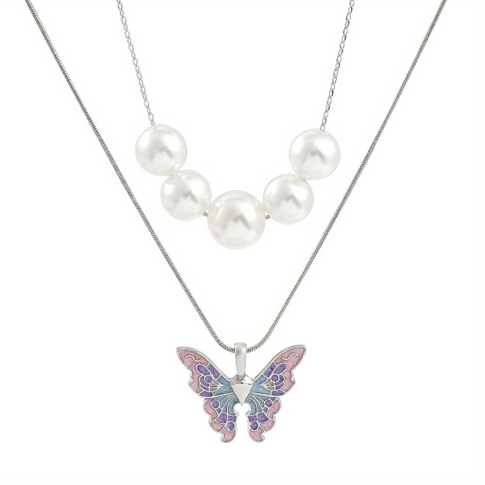 Faux Pearl & Butterfly Charm Layered Necklace For Girls Decorative Accessories Holiday Birthday Graduation Anniversary Party Gift For Girls