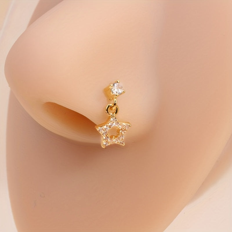Mini Hollow Out Star Shape Pendant Nose Nail Inlaid Shiny Zircon L-Shaped Ear Cartilage Piercing Body Jewelry