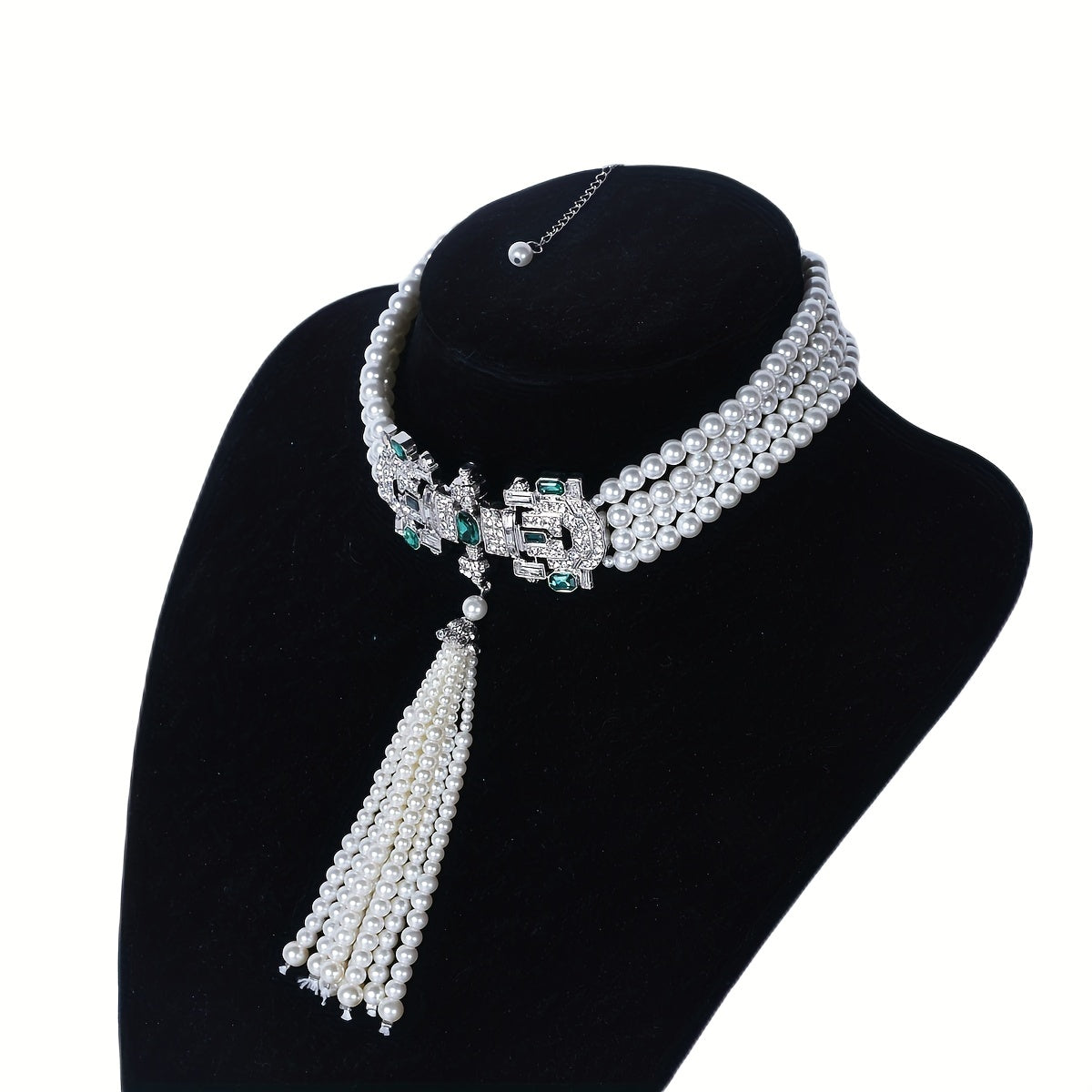 Women's Faux Pearl Chain Tassel Necklace Inlaid Green Crystal Wedding Party Clothing Accessories