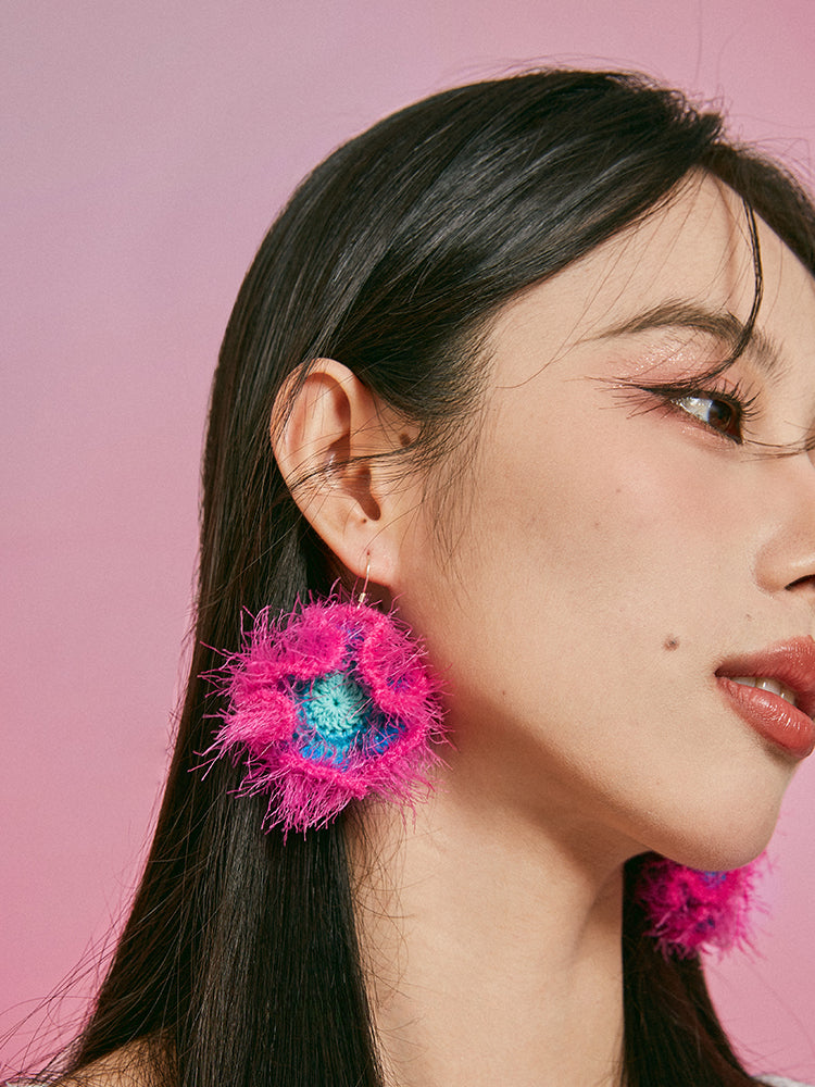 LB Hand Crochet "Dazzling" Earrings "Colorful Plush" Large Ear Clip LOJL94