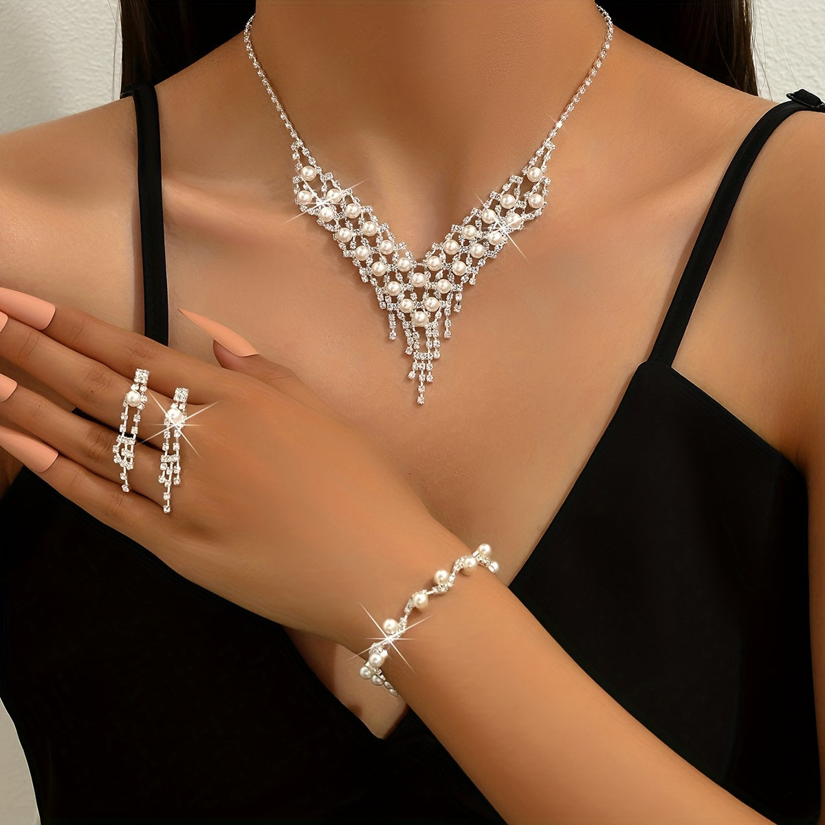 Elegant Bridal Rhinestone Jewelry Set - V-Shape Charm Necklace and Dangle Earrings for Women and Girls